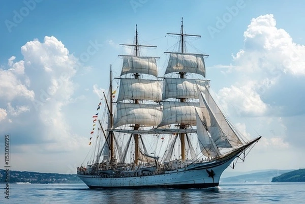 Fototapeta A majestic tall ship sailing on calm waters under clouds.