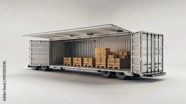 Fototapeta Open-top container trailer loaded with cardboard boxes on pallets for shipping.