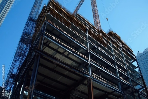 Fototapeta Construction progress of steel beams and girders framework in urban development cityscape structural engineering clear sky upward angle modern architecture
