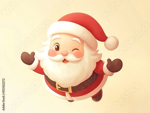 Fototapeta Friendly Cartoon Style Santa Claus Floating in Pastel Yellow Background