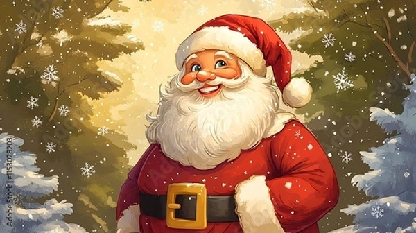 Fototapeta Festive Santa Pausing to Admire Serene Snowy Forest Wonderland in Cozy Cartoon Style