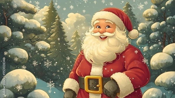 Fototapeta Smiling Santa Claus Admiring the Beauty of a Snowy Forest in a Cozy Cartoon Style