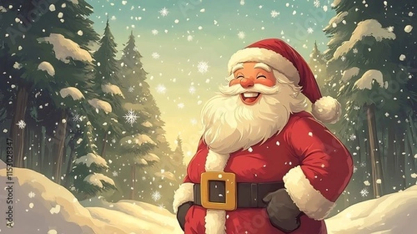 Fototapeta Jolly Santa Pausing in Enchanting Snowy Forest Scene Festive Cartoon Style
