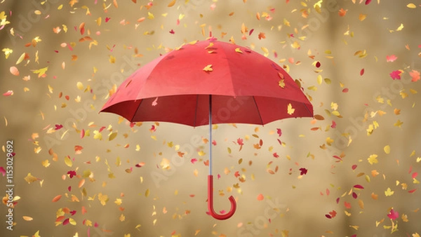 Obraz Autumn yellow and red leaves falling on the red rotating Umbrella
