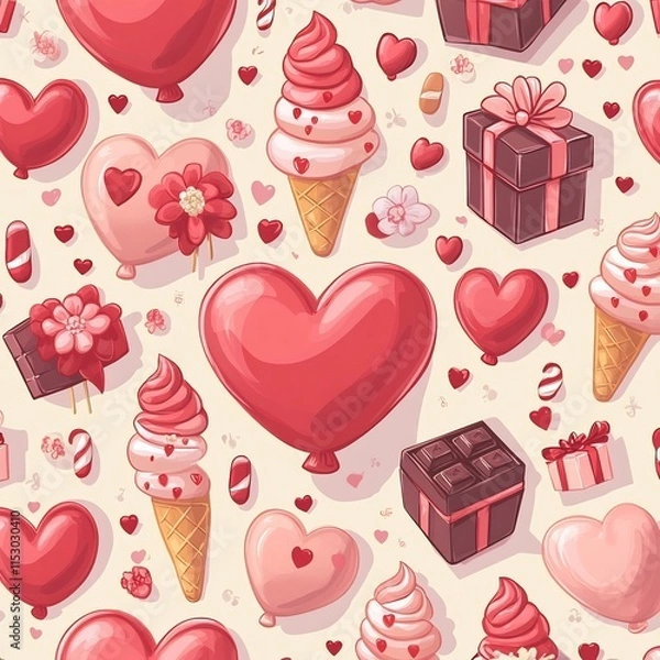 Fototapeta Charming Valentine s Day Themed Seamless Pattern with Festive Decor and Sweets