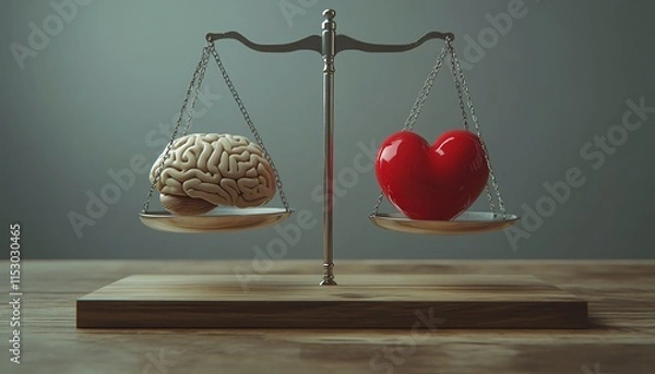 Obraz Symbolic scale balancing a human brain and a beating heart, visual representation of emotional vs intellectual balance, photorealistic 8K