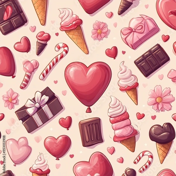 Fototapeta Whimsical Valentine s Day Themed Cartoon Style Seamless Pattern with Heart Gifts and Sweet Treats