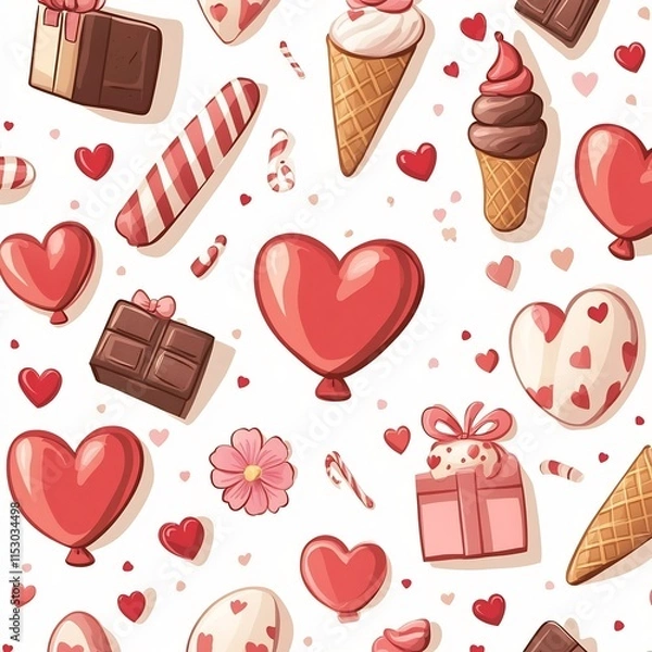 Fototapeta Festive Valentine s Day Pattern with Hearts Gifts and Sweets in Cartoon Style