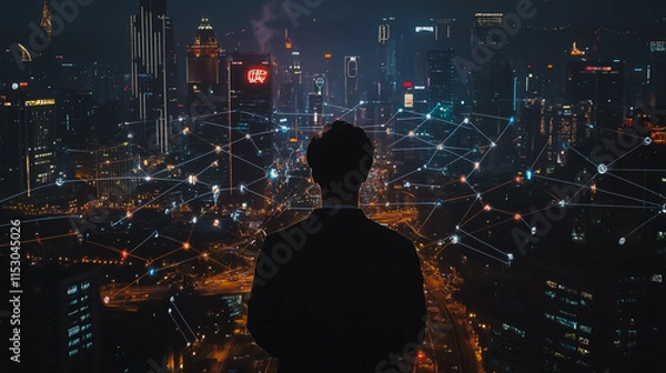 Fototapeta Smart digital city with connection cyber security network reciprocity over the cityscape . future smart wireless digital city and social media networking systems that connects people within the city