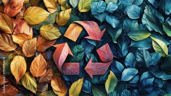 Obraz Recycle Symbol Amidst Autumnal And Teal Leaves