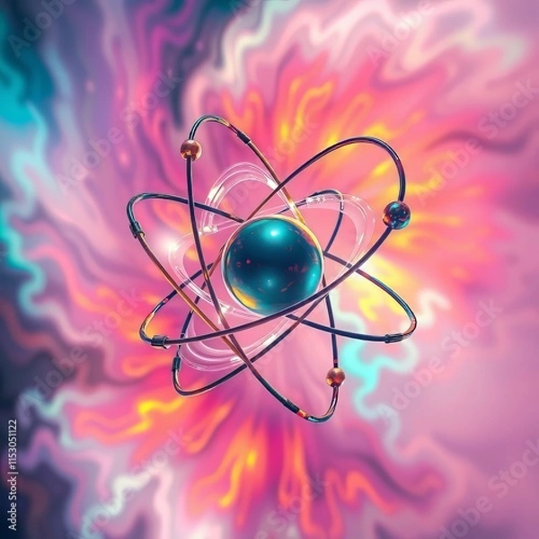 Fototapeta Quantum atom, double-exposed, 3D physics art.  Atomic structure, wave-particle duality.