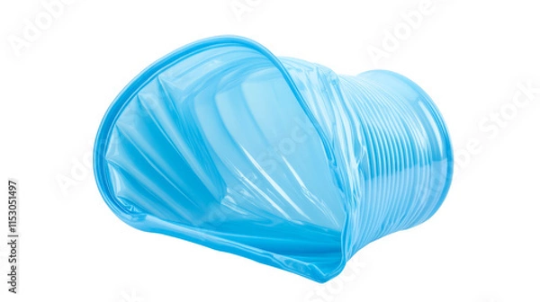 Obraz Crushed, damaged, discarded blue empty plastic cups, objects isolated on white background, cut out. Used plastic beverage cup trash, throwing away used plastic water cups, garbage, rubbish concept