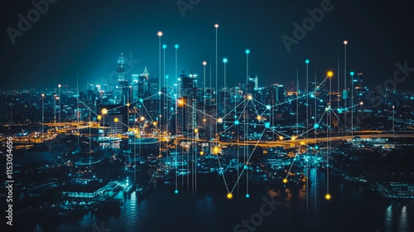 Fototapeta Smart digital city with connection cyber security network reciprocity over the cityscape . future smart wireless digital city and social media networking systems that connects people within the city
