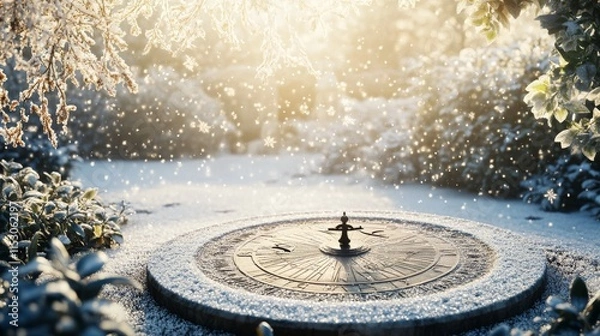 Fototapeta  a whimsical winter garden where a sundial casts a dramatic shadow marking the solstice, surrounded by snowflakes and frosted holly branches, celebrating December Solstice,