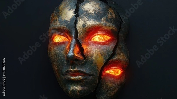 Fototapeta A latex mask featuring three faces fused into a single form, glowing red and gold accents, isolated on a dark background