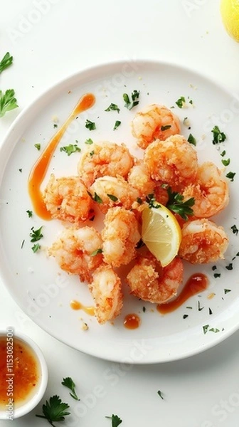 Fototapeta  a flat-lay setup of a gourmet fried shrimp plate styled with lemon wedges, parsley, and artistic swirls of sauce, celebrating National French Fried Shrimp Day, 