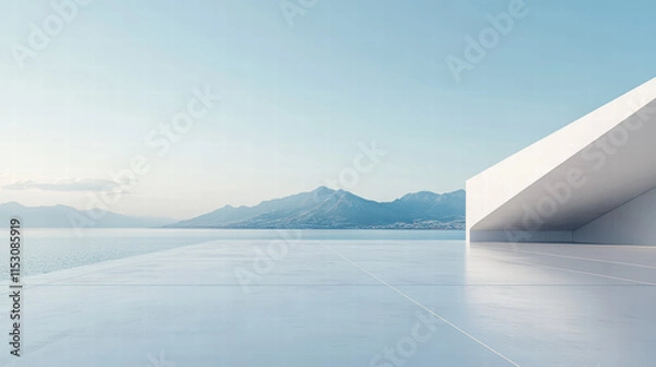 Fototapeta A white minimalist building with mountains in the background
