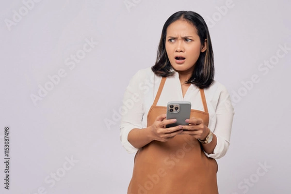 Fototapeta Surprised young Asian woman barista barman employee wearing brown apron working in coffee shop holding mobile phone and looking aside isolated on white background. Small business startup concept