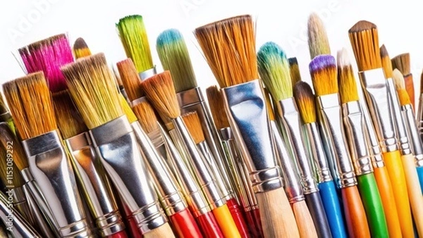 Fototapeta Diverse Paintbrushes on White Background - Art Supplies Photography