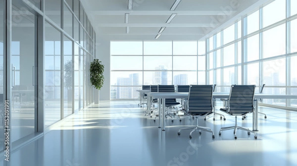 Fototapeta Boardroom with furniture, empty conference room with long desk and chairs around for business meetings, training and presentation, company office interior with windows and table 3d vector illustration