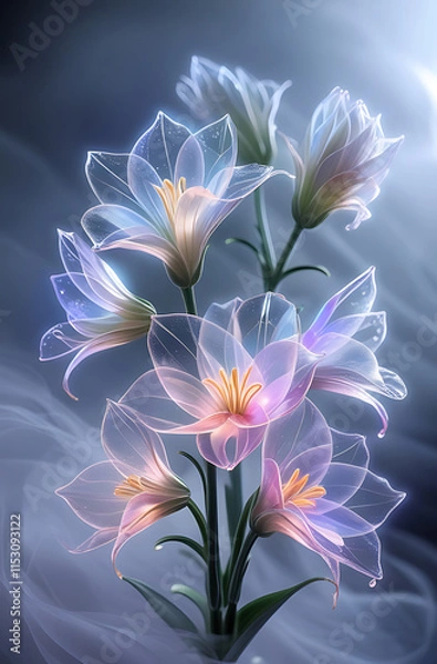 Obraz A beautiful spectrum of Alstroemerias flowers with delicate, translucent petals illuminated by soft light. Created with generative AI