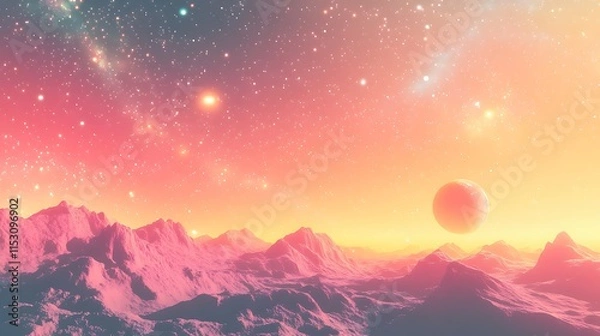 Fototapeta Dreamlike 3D Render: Vibrantly Colored Alien Landscape at Sunset. AI Generated