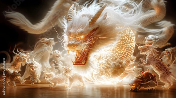 Fototapeta majestic dragon surrounded by twelve Chinese zodiac animals, glowing ethereally