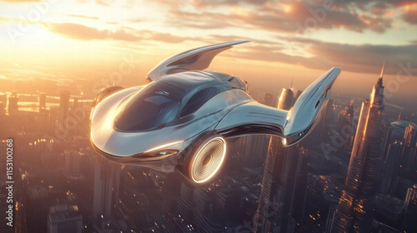 Fototapeta A futuristic cityscape with flying cars and skyscrapers, rendered in a concept art style
