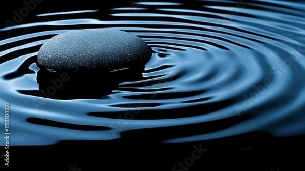 Fototapeta Dark blue water with concentric ripples and a smooth, dark grey stone floating in the center.