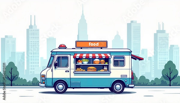 Fototapeta Food truck parked in an urban environment, flat colors, vector style