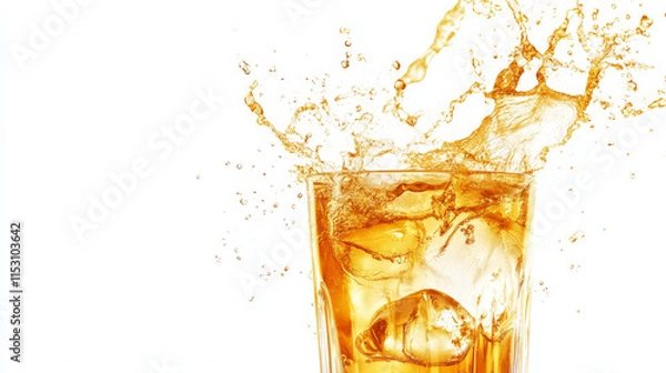 Fototapeta Splashing orange juice with drops in glass isolated on white background, fresh fruit beverage splash, yellow liquid in transparent mug, design elements for advertising Realistic 3d vector illustration