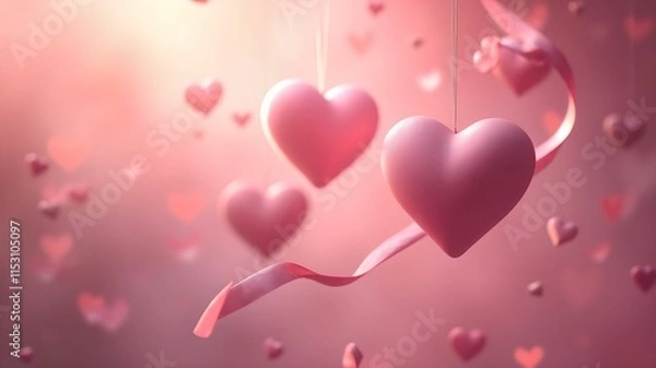 Fototapeta Romantic scene with floating pink hearts and ribbon conveying love and affection against a dreamy blurred backdrop
