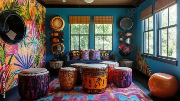 Obraz A vibrant Latin-inspired music room featuring bongos, maracas, and tropical patterns.