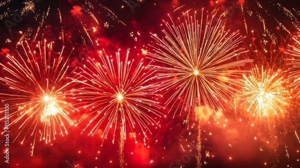 Obraz Abstract red fireworks explode in a colorful display against the dark night sky, celebrating the New Year