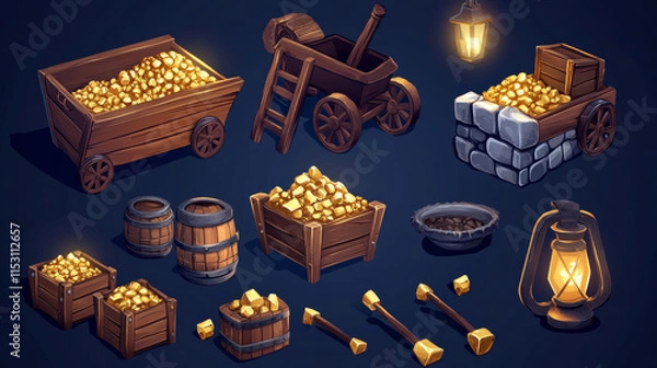 Fototapeta Game props icons gold mine assets dynamite, trolley with golden nuggets, lantern and pickaxe ui or gui design elements. Game items carriage with ingots, pick and tnt Isolated cartoon 3d vector set