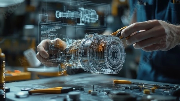 Fototapeta Engineer Interacting with a 3D Hologram of a Mechanical Part