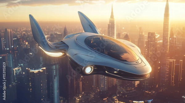 Fototapeta A futuristic cityscape with flying cars and skyscrapers, rendered in a concept art style