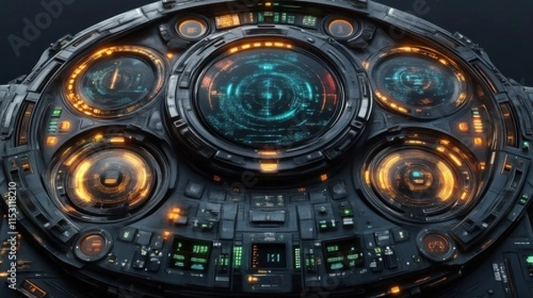 Obraz Futuristic spaceship control panel with glowing interfaces.