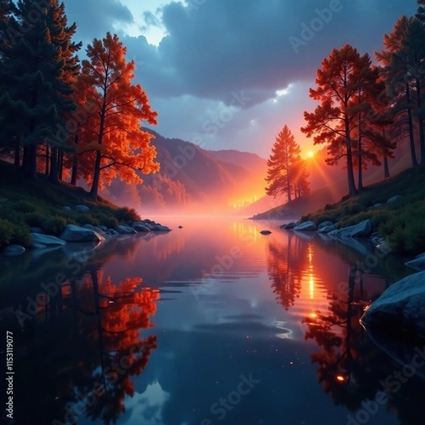 Fototapeta glowing curtains of light dance over lake's surface, gentle glow, natural beauty