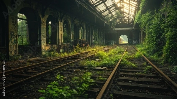 Obraz Overgrown Railway Station: Nature Reclaiming Urban Decay