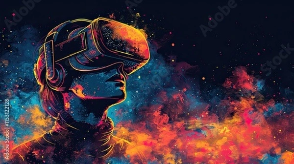 Fototapeta A person wearing a VR headset surrounded by an exciting digital universe