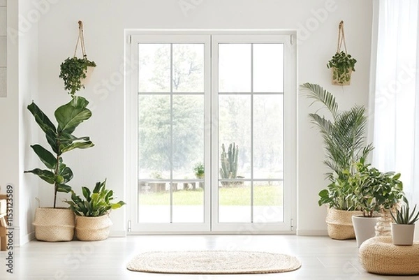 Fototapeta Bright Living Room Entrance with Glass Doors, Indoor Plants, and Minimalist Decor