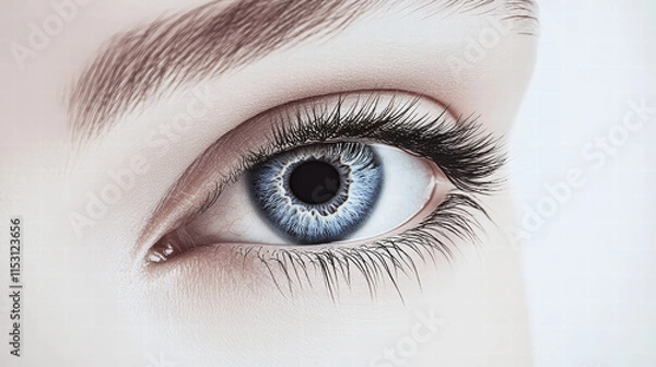 Fototapeta Close-up of a beautiful woman's blue eye with a contact lens, against a white background
