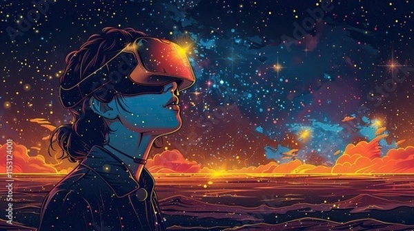 Fototapeta A person wearing a VR headset surrounded by an exciting digital universe