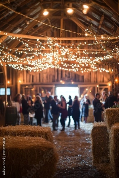 Obraz A rustic barn New Year’s Eve party with hay bales and string lights. Guests are dancing and celebrating