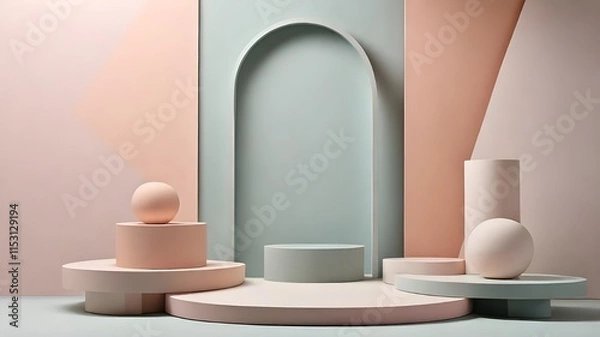 Fototapeta Abstract podiums with minimalist designs, shadow play, and pastel tones, crafted for clean and stylish product displays.
