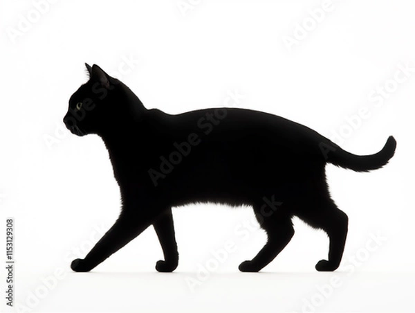 Fototapeta A silhouette of a black cat walking against a stark white background. The minimalist design emphasizes contrast and elegant feline motion.