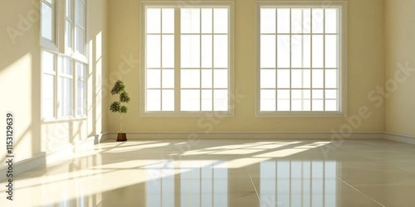 Fototapeta Spacious Modern Interior with Sunlight and Window Shadows on Walls and Polished Floor