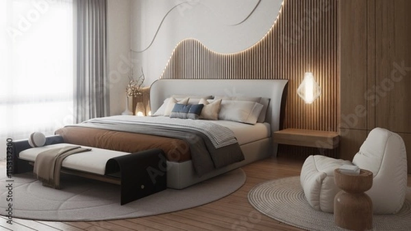 Obraz A modern bedroom with a stylish bed, warm tones, wooden accents, and soft textiles, creating a cozy and inviting atmosphere. 3D rendering