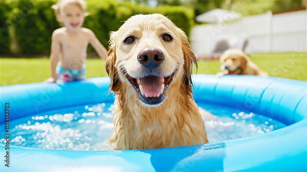 Fototapeta Happy golden retriever enjoying a splash in a backyard pool, evoking summer joy and playful pet moments in a vibrant and cheerful outdoor environment.